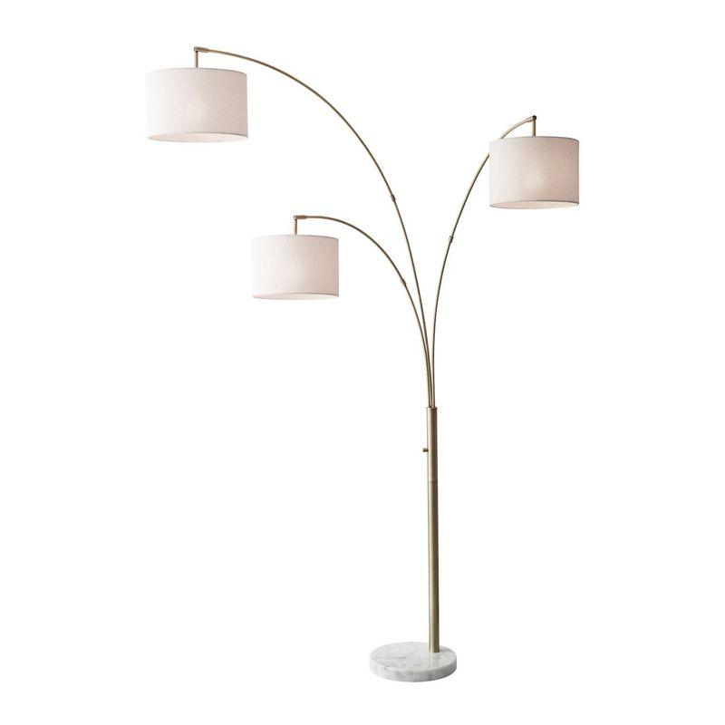 Elegant Antique Brass 3-Arm Adjustable Arc Floor Lamp with Off-White Linen Shades