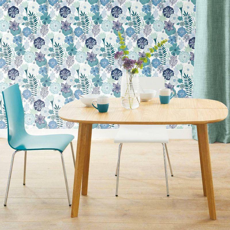 RoomMates Blooms Peel and Stick Wallpaper: Self-Adhesive Vinyl, Modern Floral, Repositionable, 28 Sq Ft Coverage, Blue