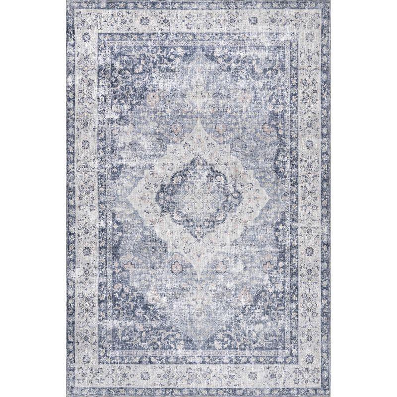 Elsa Blue Floral Blossom Washable Synthetic Area Rug 4' x 6'