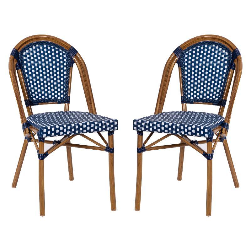 Emma & Oliver Soie Set of Two Stacking Bistro Chairs with Navy and White PE Seat and Back and Bamboo Finished Aluminum Frame for Indoor/Outdoor Use
