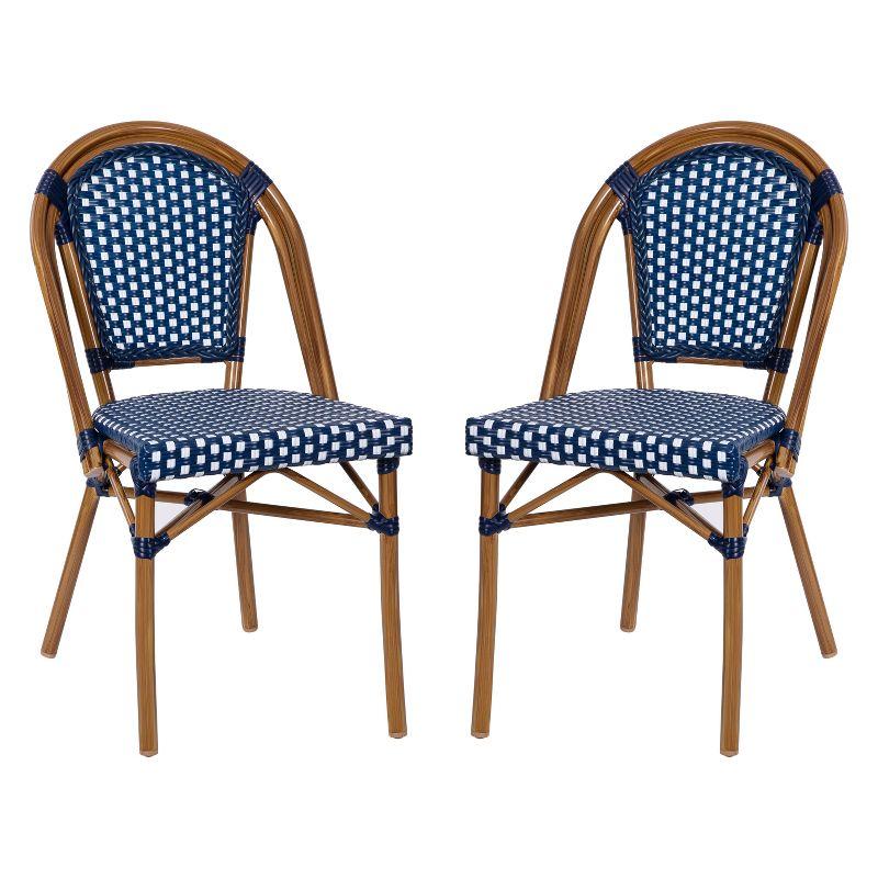 Navy and White Rattan Bistro Chairs with Bamboo Frame, Set of 2