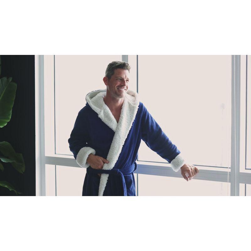 ADR Men's Warm Winter Plush Hooded Bathrobe, Full Length Fleece Robe with Hood Red Black Plaid with Cream Medium