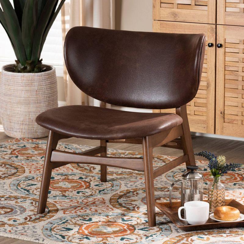 Mid-Century Modern Dark Brown Faux Leather and Wood Slipper Chair