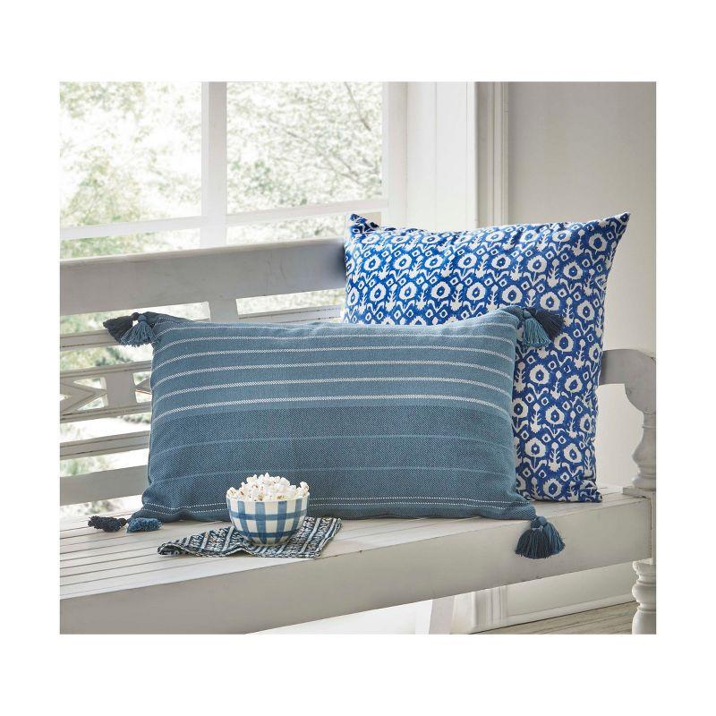 TAG 22"x22" Ikat Flower Block Print Cotton Accent Decorative Throw Pillow Poly Filled Removable Insert Square Machine Wash Blue