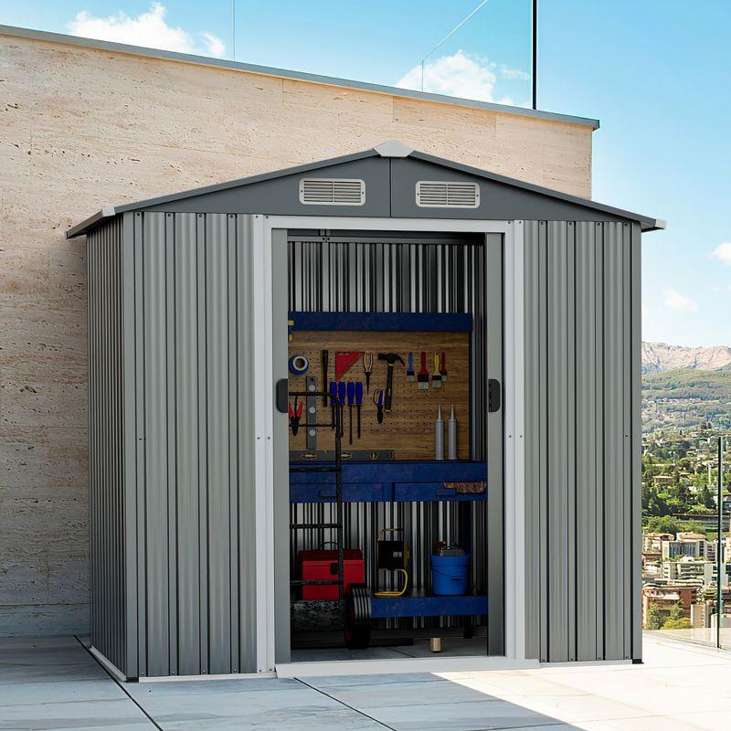 Costway 6 x 4 FT Outdoor Storage Shed Galvanized Steel Shed with Sliding Doors Wood Grain Natural/Grey