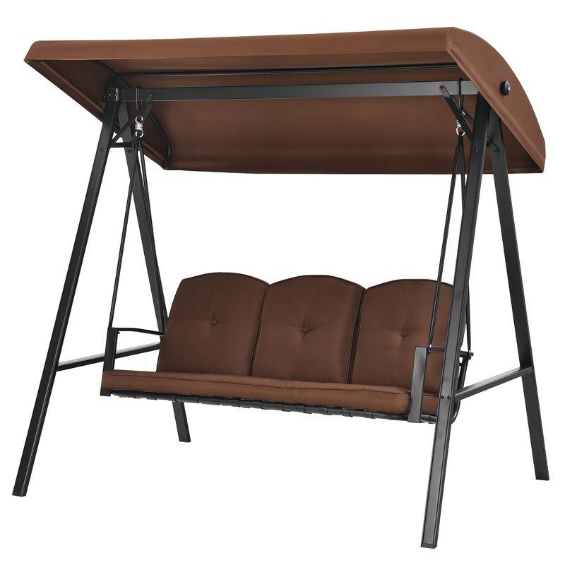 Costway Outdoor 3-Seat Porch Swing with Adjust Canopy and Cushions Brown