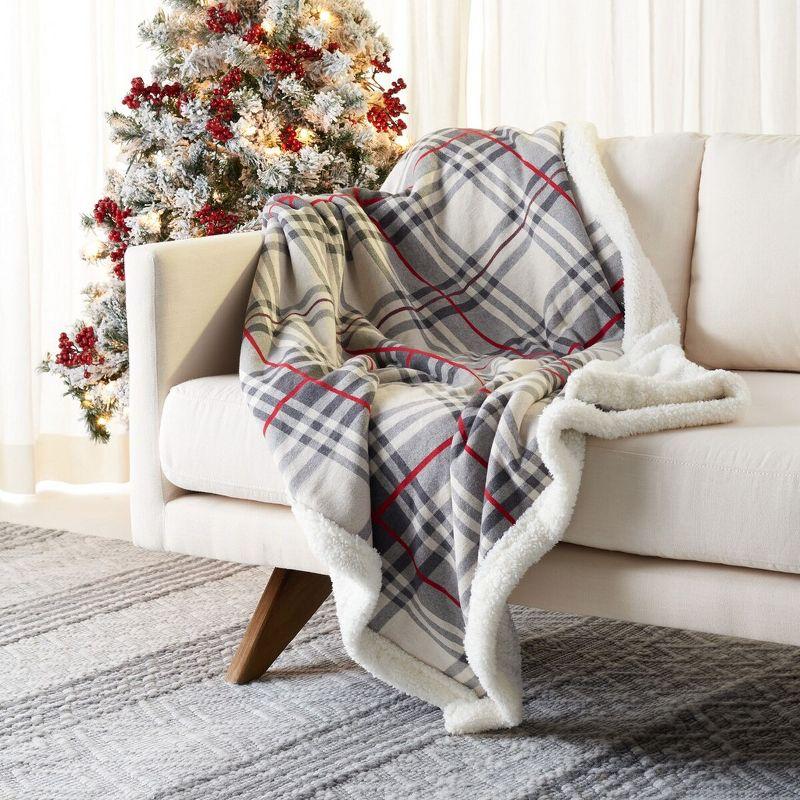 Classic Grey and Red Plaid Cotton Sherpa Throw Blanket - 50" x 60"