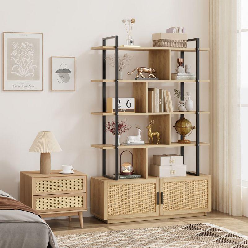 5 Tier Rattan Bookshelf with Storage Cabinet & Door, 71.1 Inch Tall Industrial Book Shelf,5 Shelf Bookcase with Metal Frame-Burlywood