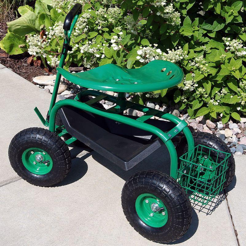 SunnyDaze Decor Steel Extendable Steering Handle Swivel Seat & Basket Garden Carts