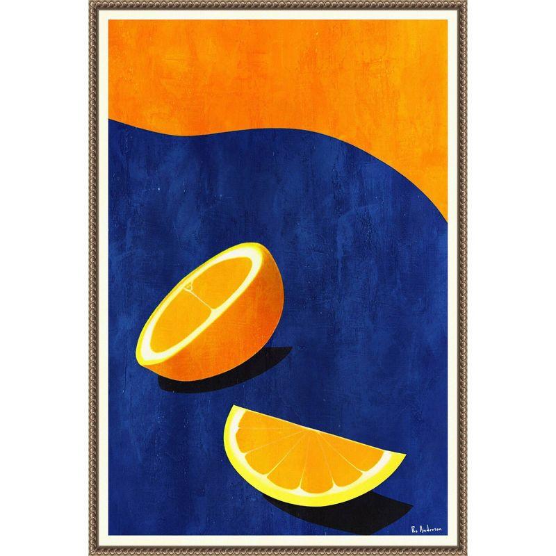 Large Orange and Blue Abstract Citrus Canvas Art with Beaded Frame