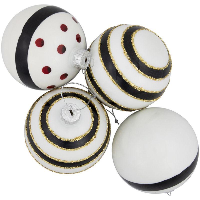 Northlight Shiny Finish Striped Christmas Glass Ball Ornaments - 3" (80mm) - White and Black  - Set of 4