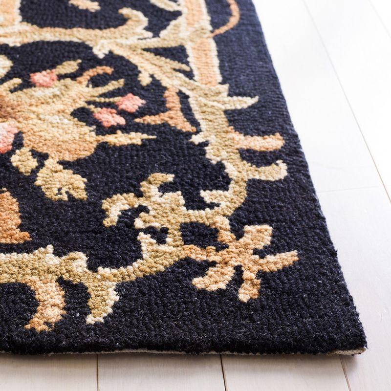 Handmade Black Floral Wool Hooked Runner Rug