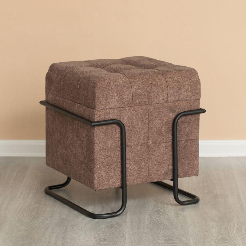 Fabulaxe Square Fabric Storage Ottoman with Black Metal Frame, Brown