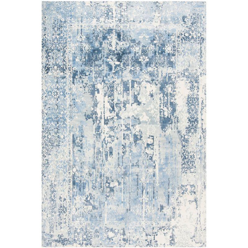 Ivory and Blue Abstract Hand-Knotted Wool Viscose Rug, 6' x 9'