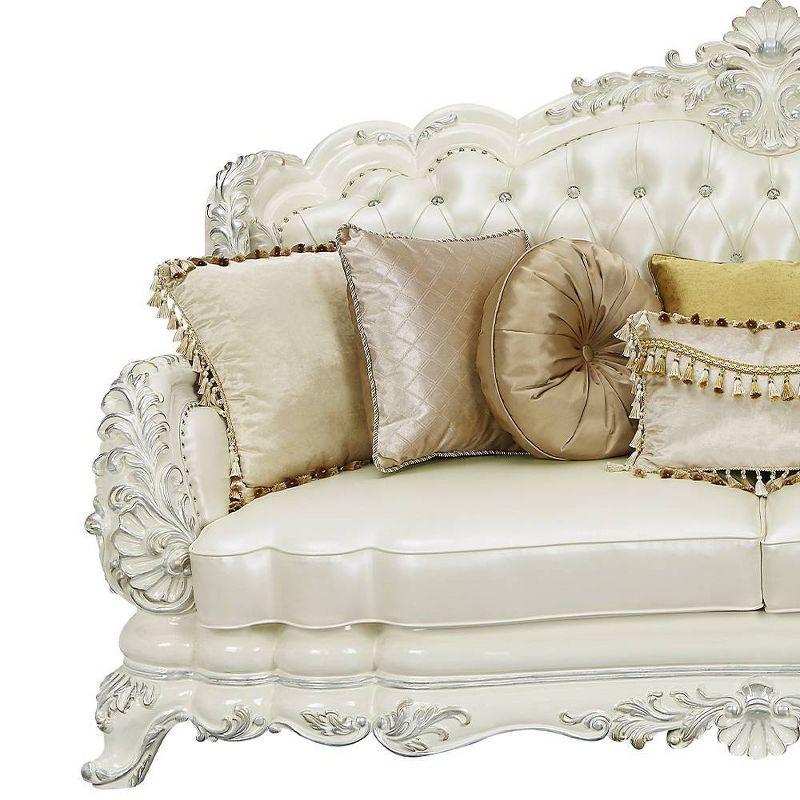 90" Adara Sofa White Synthetic Leather and Antique White Finish - Acme Furniture: Luxurious Nailhead Trim, Wood Frame, 7 Pillows Included