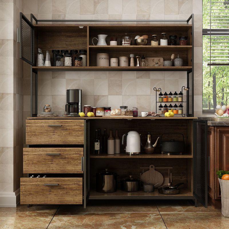 Brown Wood and Metal Mesh 3-Door Kitchen Pantry Cabinet