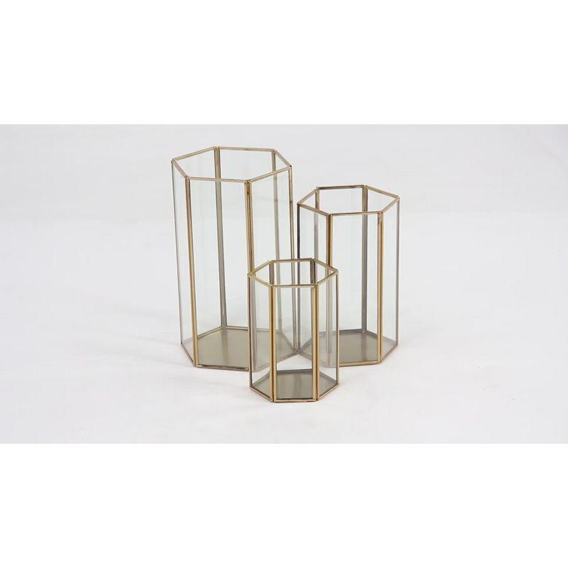 3 Piece Glass and Metal Tabletop Hurricane Holder Candle Lantern Set