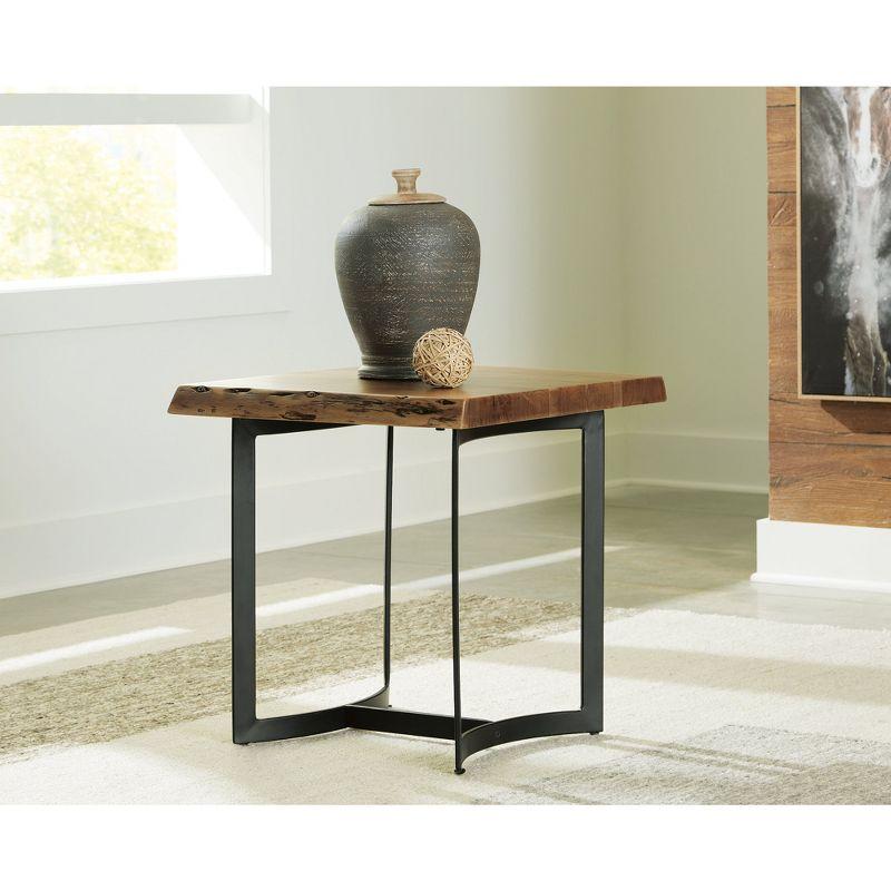 Square Light Brown and Black Wood Metal End Table