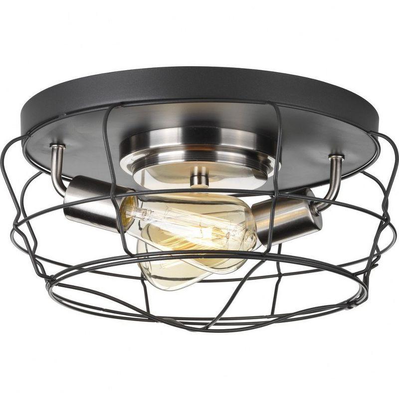 Progress Lighting, Gauge Collection, 2-Light Flush Mount, Graphite Finish, Open Cage Design, Steel Frame