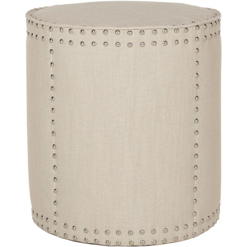 Beige Round Linen Ottoman with Nail Head Trim