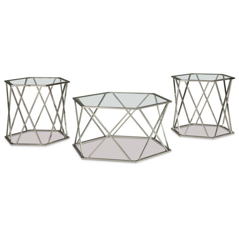 Madanere Hexagonal Chrome and Glass 3-Piece Table Set