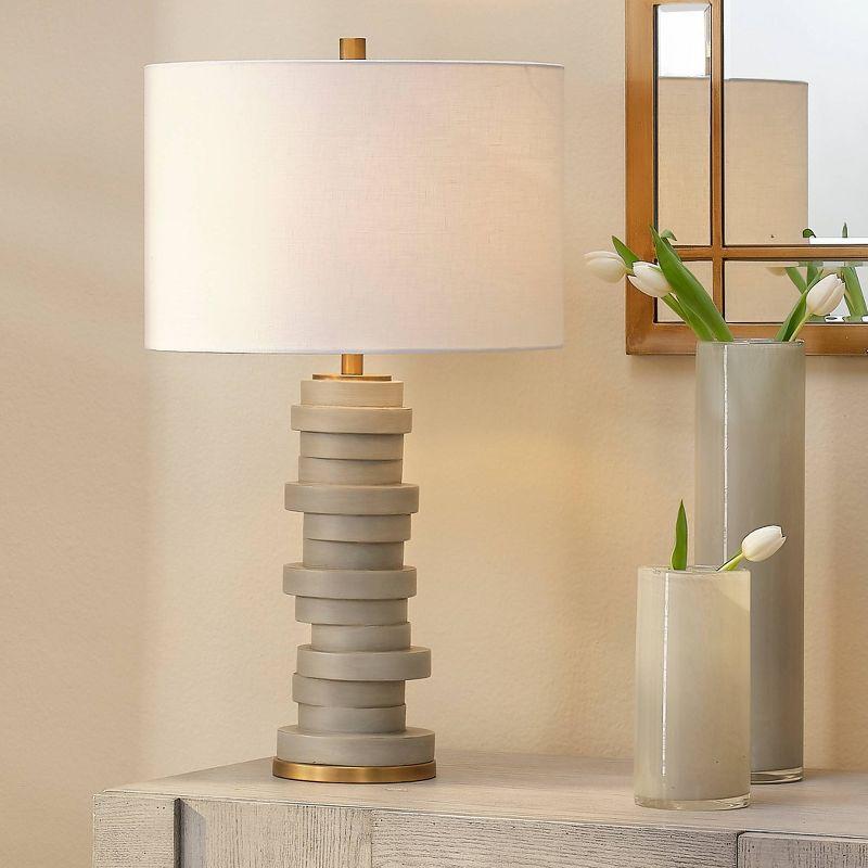 Gray Resin Stacked Discs Table Lamp with White Linen Shade