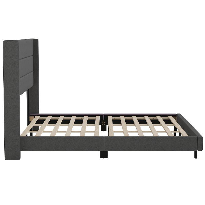 Merrick Lane Modern King Platform Bed with Padded Channel Stitched Charcoal Faux Linen Upholstered Wingback Headboard and 6" Underbed Clearance