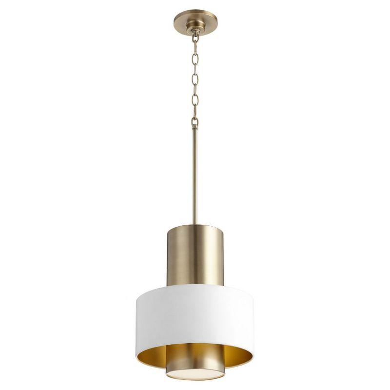 Contemporary Aged Brass and White Drum Pendant Light