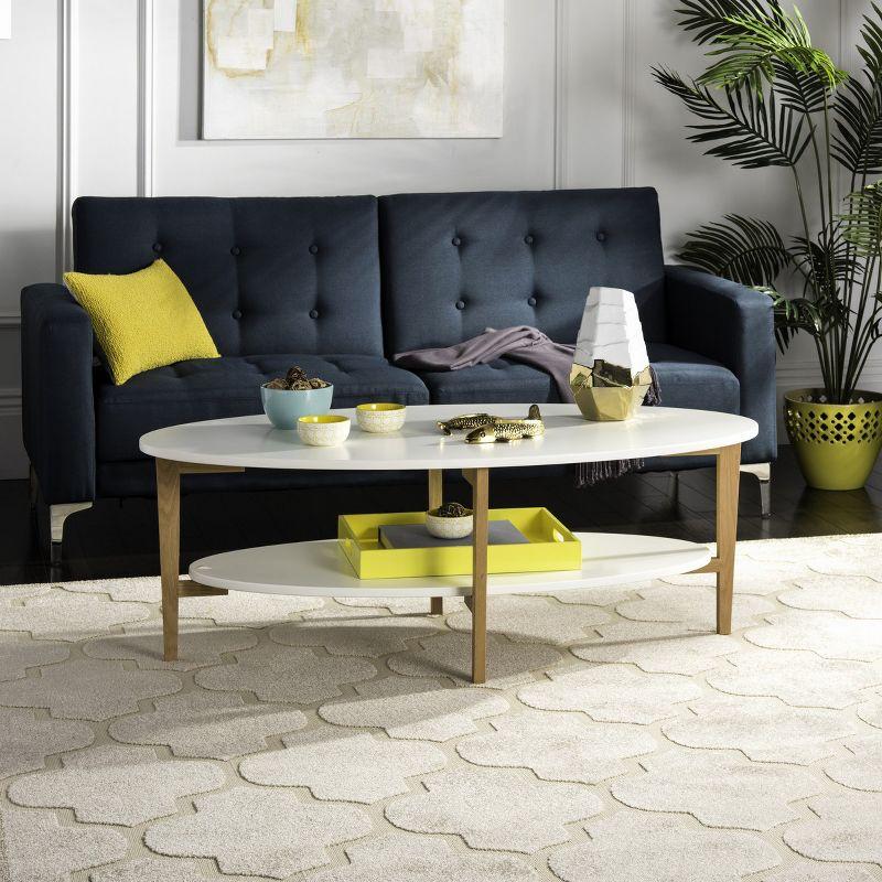 Transitional Dual-Tier Oval Coffee Table in White and Natural Wood