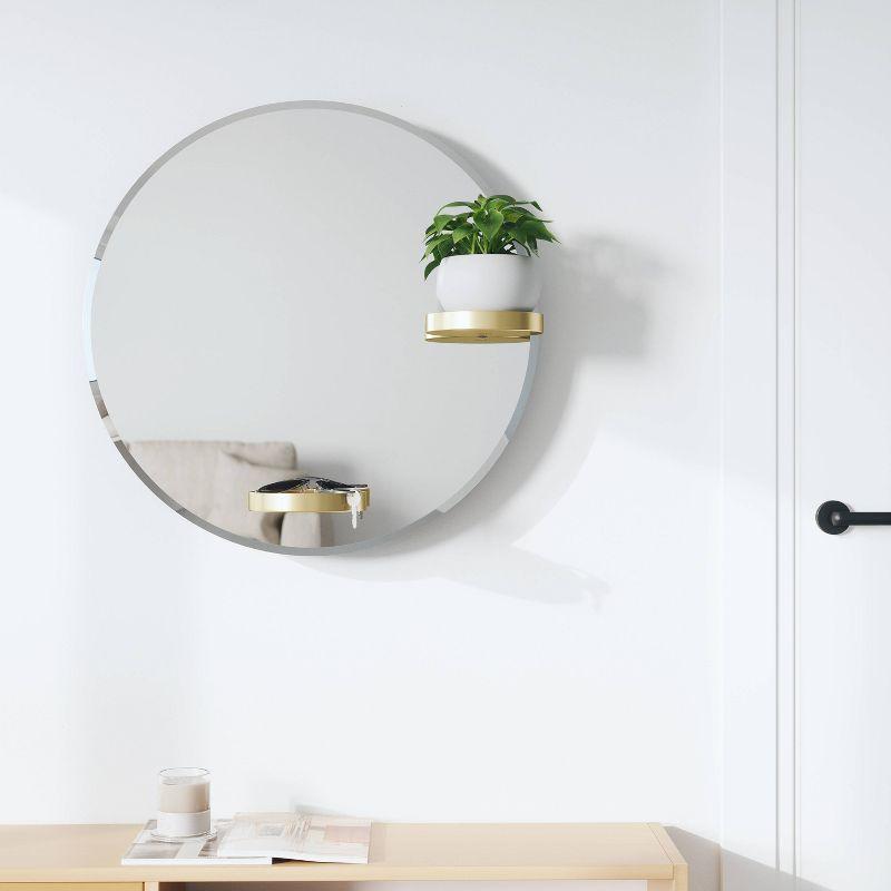 Frameless Round Wall Mirror with Brass Shelves