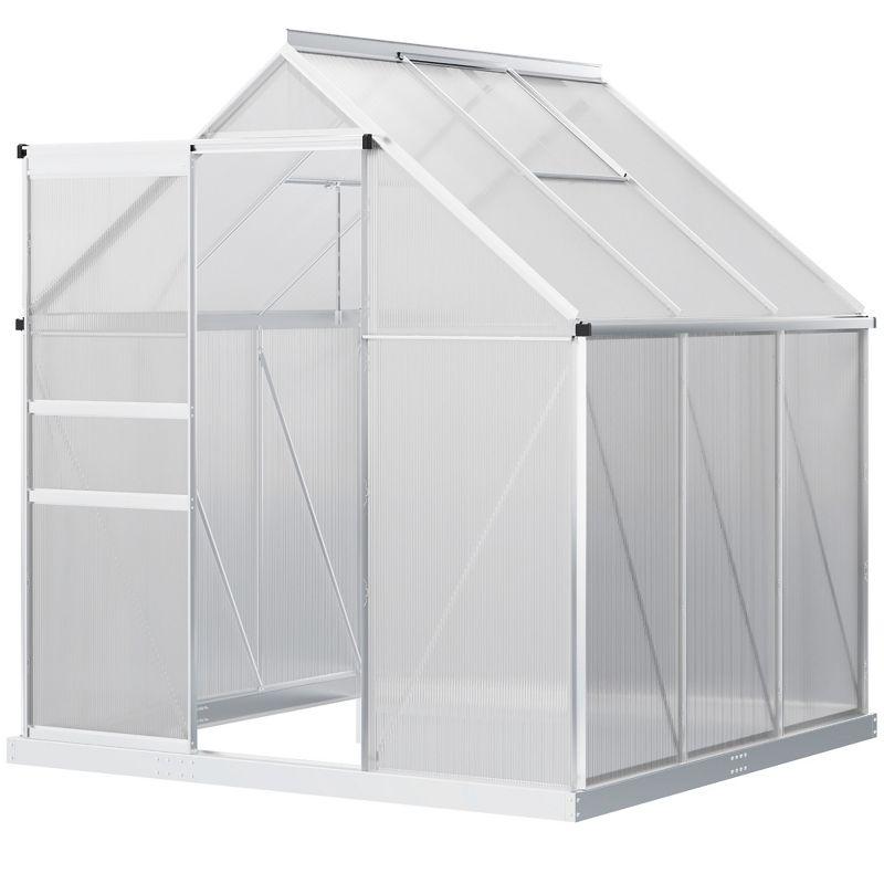 Outsunny Aluminum Greenhouse, Polycarbonate Walk-in Garden Greenhouse Kit with Adjustable Roof Vent, Rain Gutter and Sliding Door for Winter, Silver