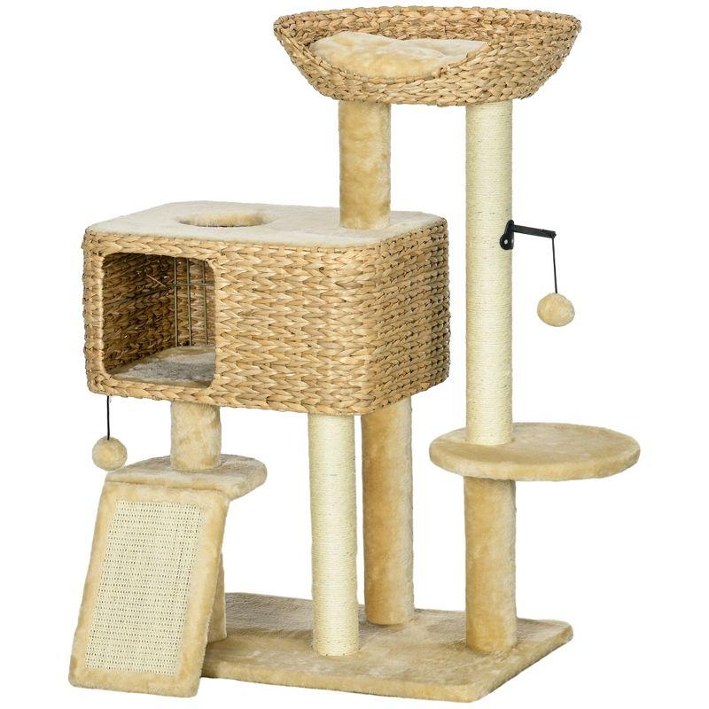 PawHut Scratching Posts, 45" Cat Tree for Indoor Cats with a Ramp, Condo, Toy Balls, Platforms, Bed Cat Tower, Beige