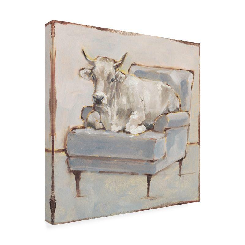 White Cow on Light Blue Chair Canvas Art, 18x18