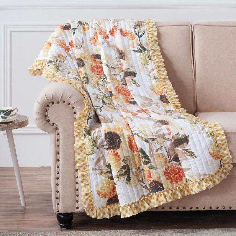 Greenland Home Fashions Somerset Sunflower Reversible Quilted Throw with Gingham Ruffles