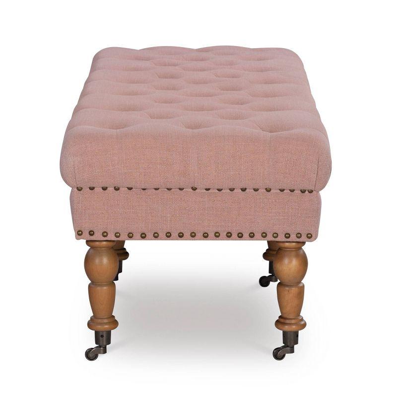 62" Isabelle Traditional Linen Tufted Upholstered Nailhead Wheeled Bench Pink - Linon: Elegant Ottoman, Bedroom Furniture