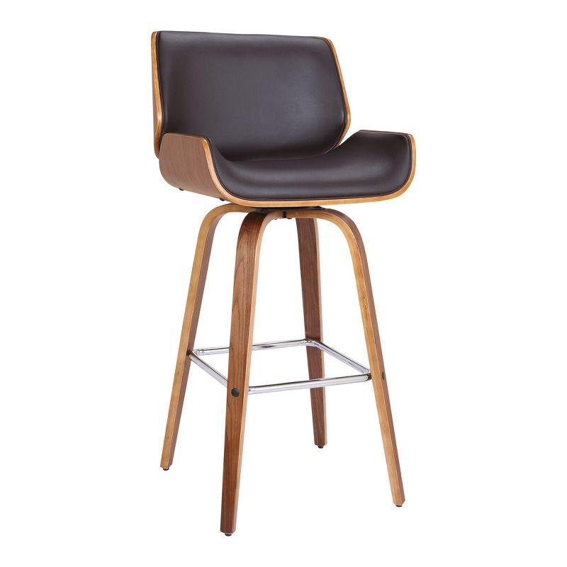 26" Armen Living Tyler Swivel Counter Barstool: Walnut Frame, Chrome Footrest, Faux Leather