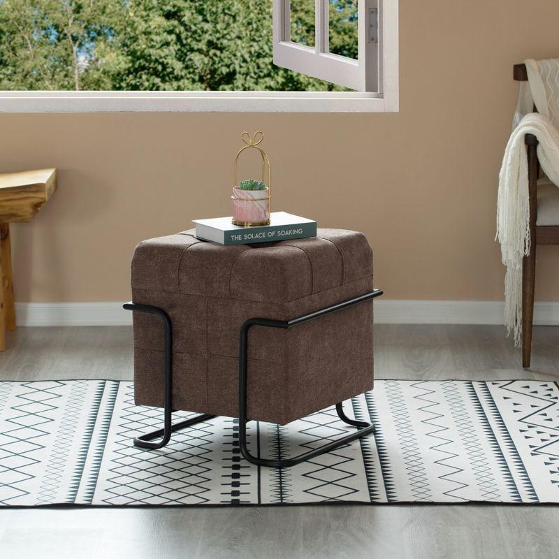 Fabulaxe Square Fabric Storage Ottoman with Black Metal Frame, Brown
