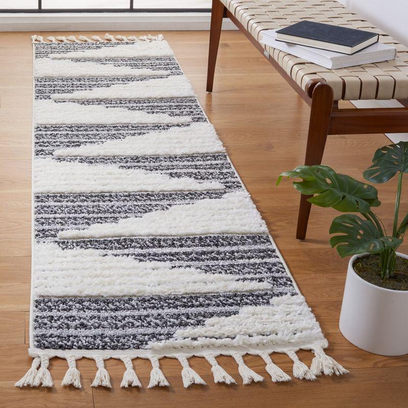 Ivory and Dark Gray Diamond Shag Runner Rug with Tassels