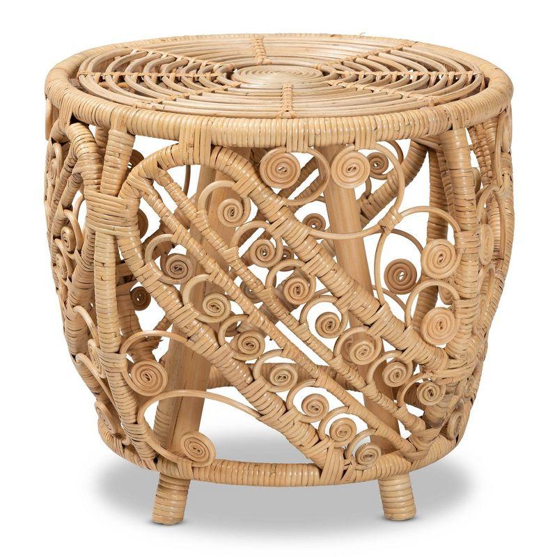 Bohemian Natural Rattan Round End Table with Geometric Accents