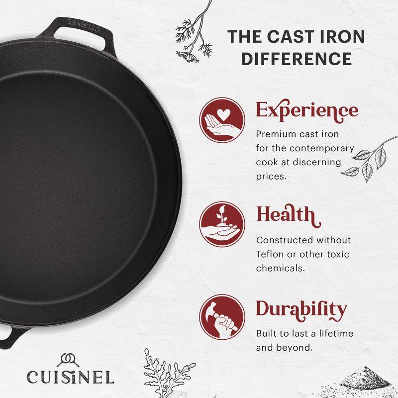 Cuisinel Cast Iron Skillet + Glass Lid + Chainmail Scrubber - 15"-Inch Dual Handle Braiser Frying Pan + Silicone Handle Covers