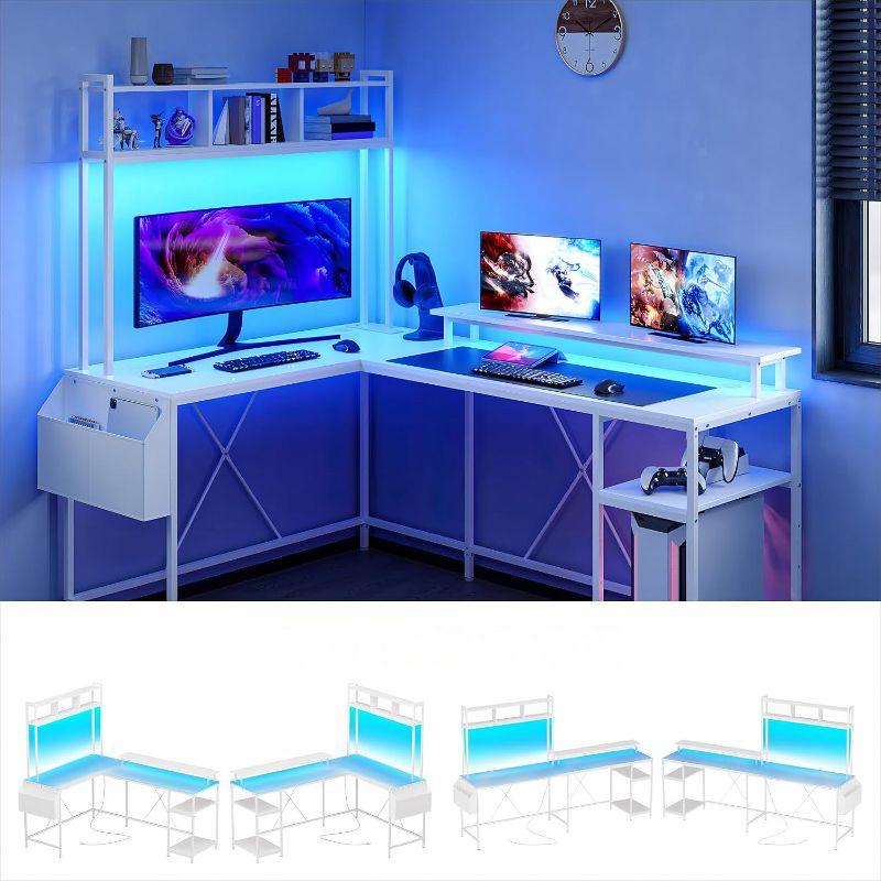 Garvee Spacious L-Shaped Gaming Desk with Customizable RGB Lights & Charging Options – Ideal for Comfort & Efficiency, Brown