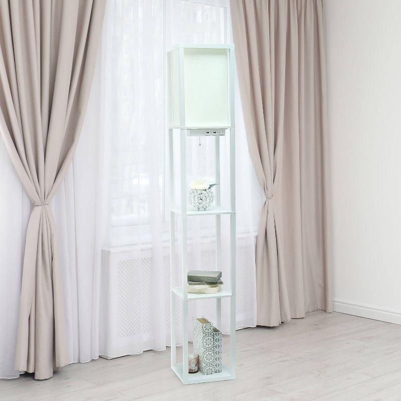 Simple Designs Floor Lamp Etagere Organizer Storage Shelf with 2 USB Charging Ports and Linen Shade White: Modern Pull Chain, ETL Listed