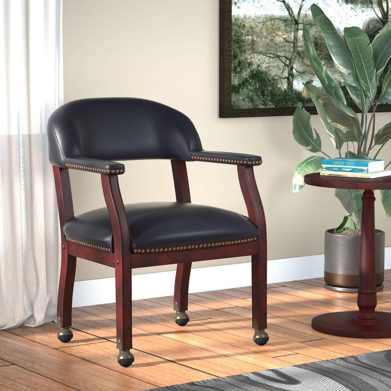 Captain's Chair with Casters Black - Boss Office Products: Mahogany Base, Vinyl Upholstery, Brass Castors