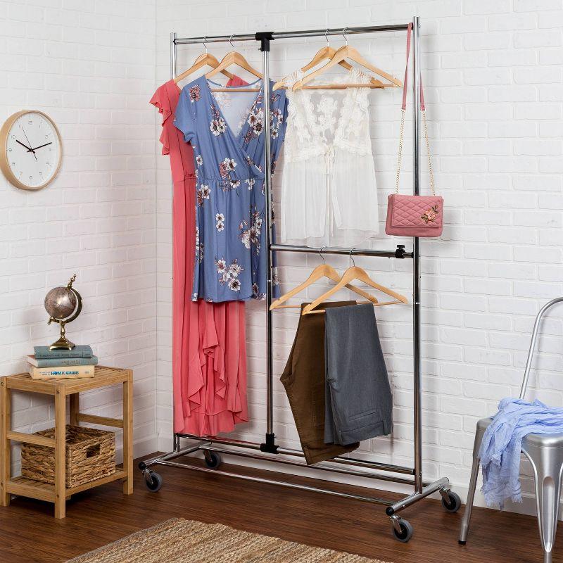 Honey-Can-Do 2 Tier Garment Rack: Adjustable Chrome Closet Rack, Rolling Steel Frame, 30 lb Capacity