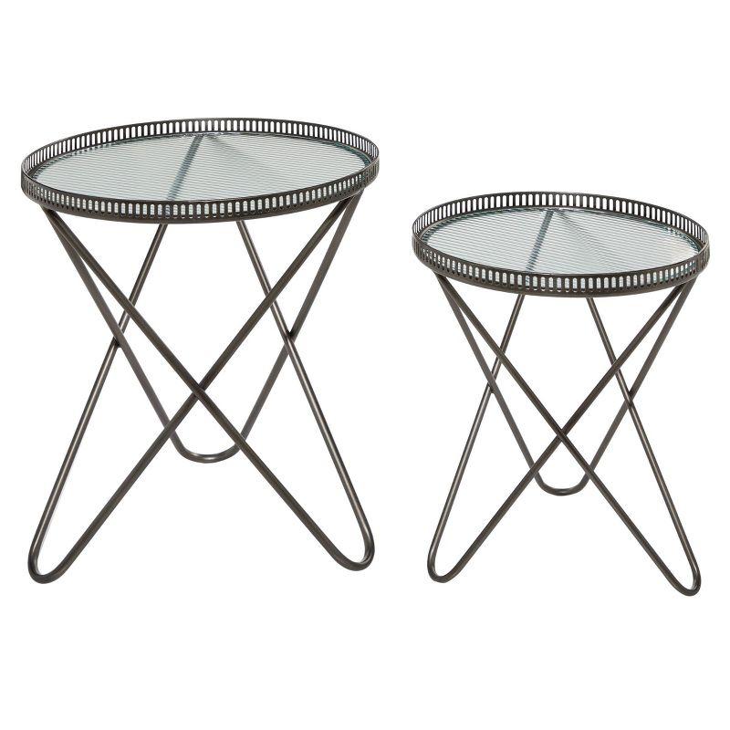 Set of 2 Gray Metal and Glass Industrial Accent Tables