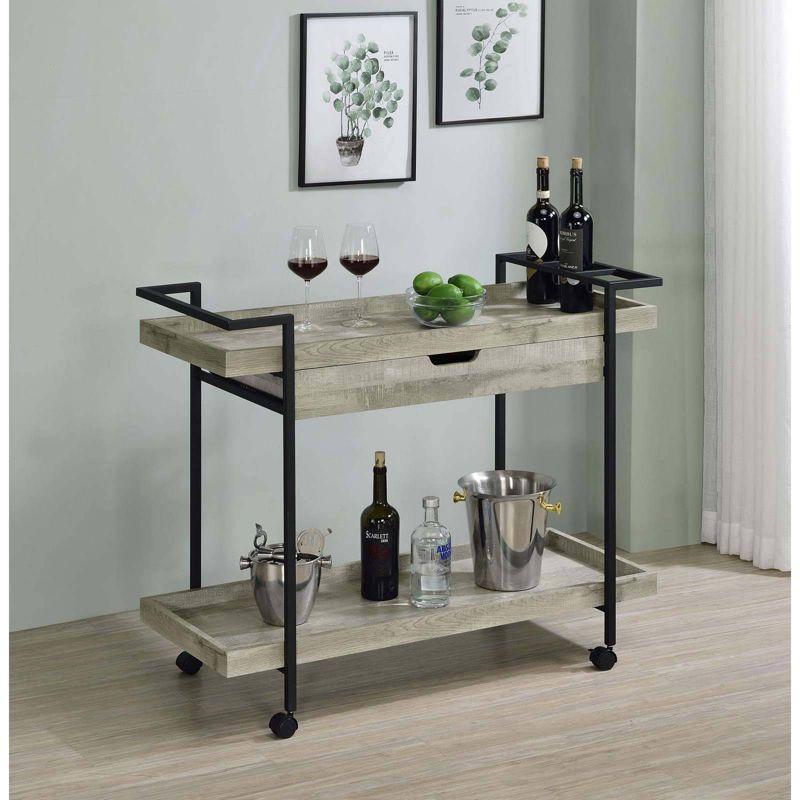 Gray Driftwood Industrial Bar Cart with Storage and Wine Rack