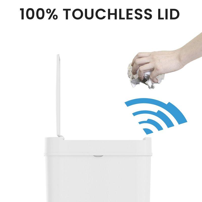 iTouchless 3 Gallon White Sensor Bathroom Trash Can, 10 Liter Slim Touchless Small Smart Bedroom Garbage Waste Basket Bin with Motion Lid