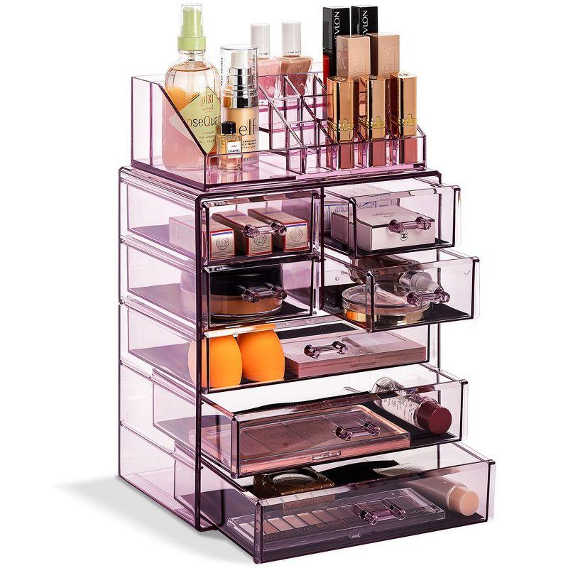 Purple Clear Acrylic Makeup Organizer with Drawers and Top Shelf