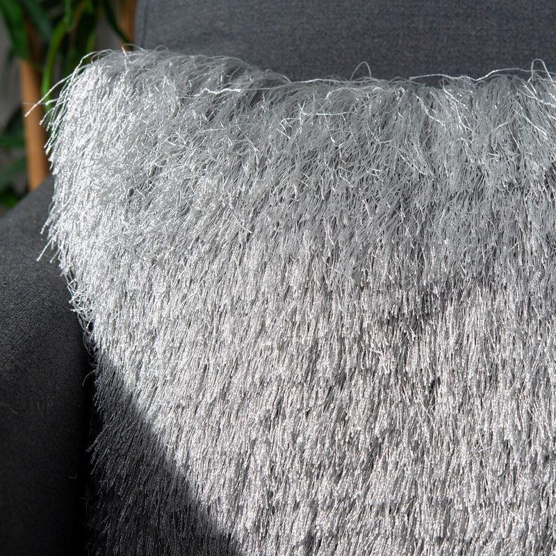 Silver Contemporary Shag Pillow with Lustrous Yarn