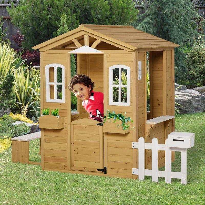 Outsunny Outdoor Playhouse for kids Wooden Cottage with Working Doors Windows & Mailbox, Pretend Play House for Age 3-6 Years